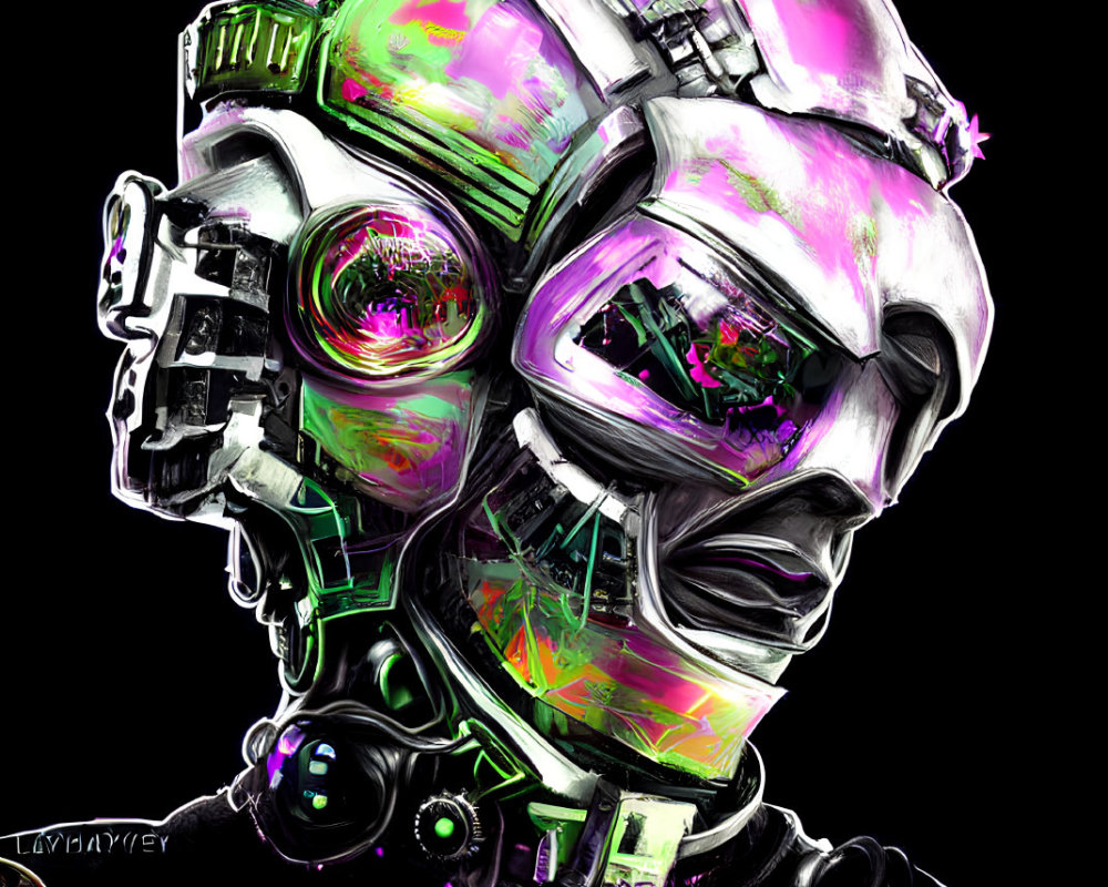Futuristic robotic head with vibrant colors and neon accents