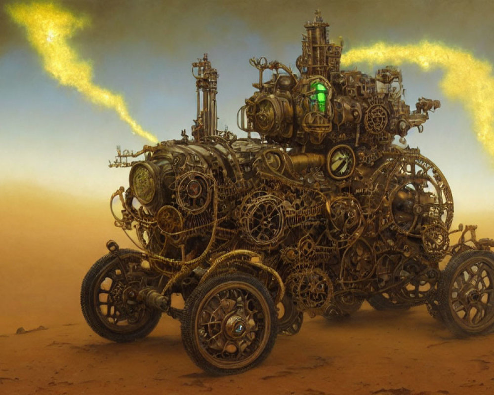 Intricate steampunk desert vehicle with gears and pipes under hazy sky