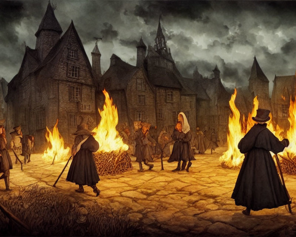 Medieval townfolk gather around bonfires in an illustrated scene.