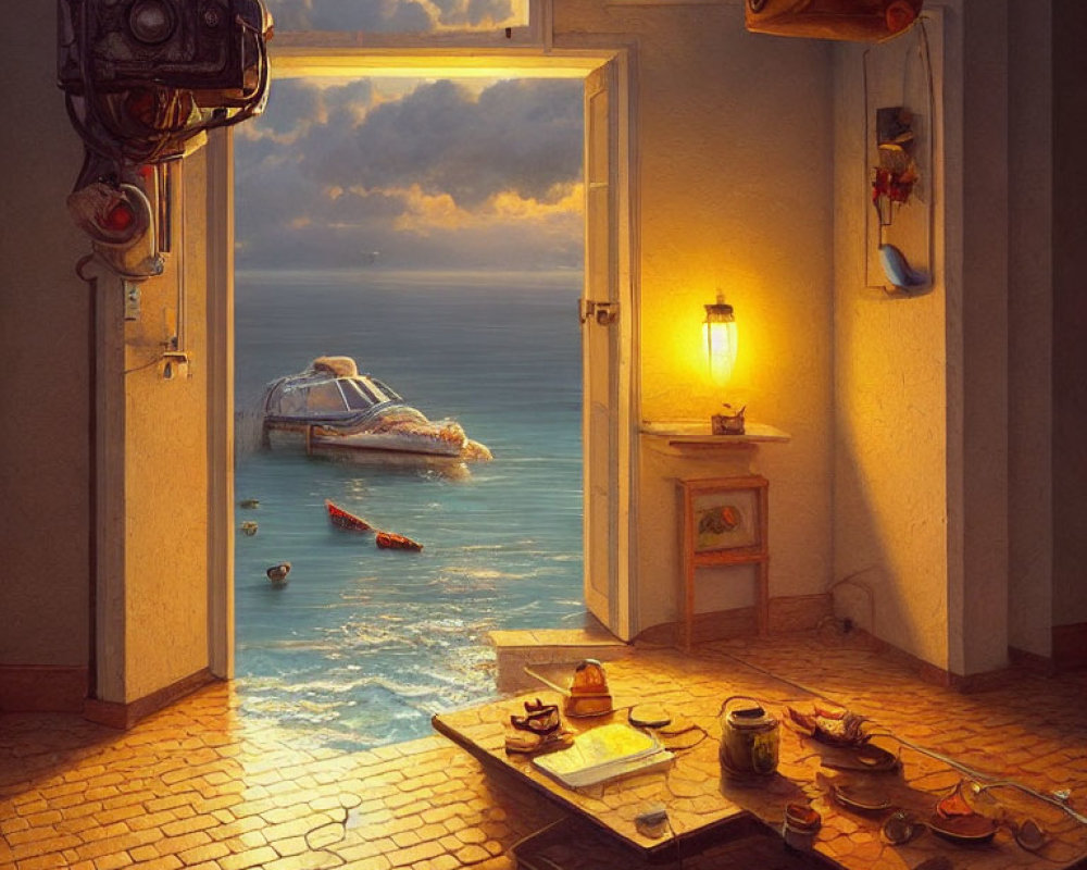 Surreal room with ocean view, floating boat and car, tea table, lamp, and cameras