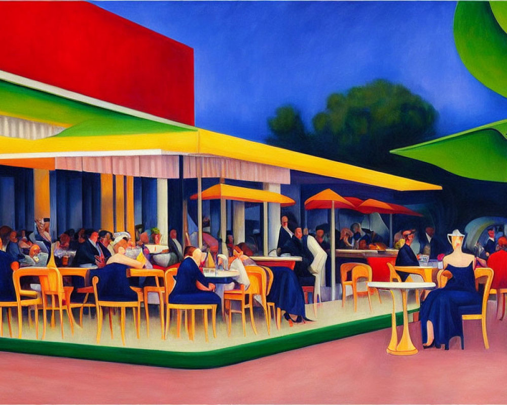 Vibrant outdoor café scene with colorful patrons and abstract architecture