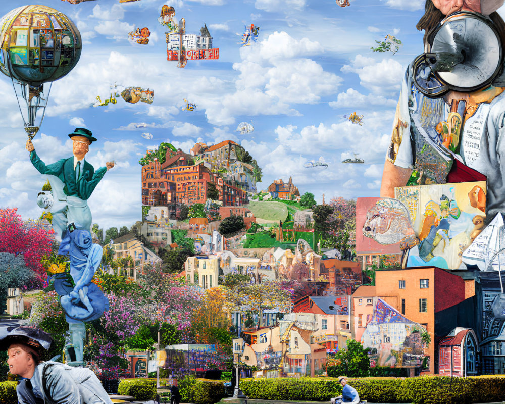 Vibrant cityscapes, flying houses, and surreal characters in whimsical collage