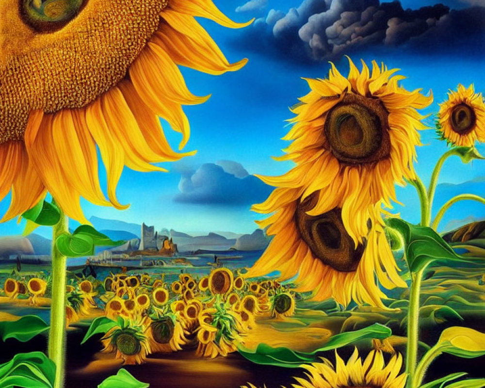 Sunflower painting with anthropomorphic features, stormy sky, and distant castle