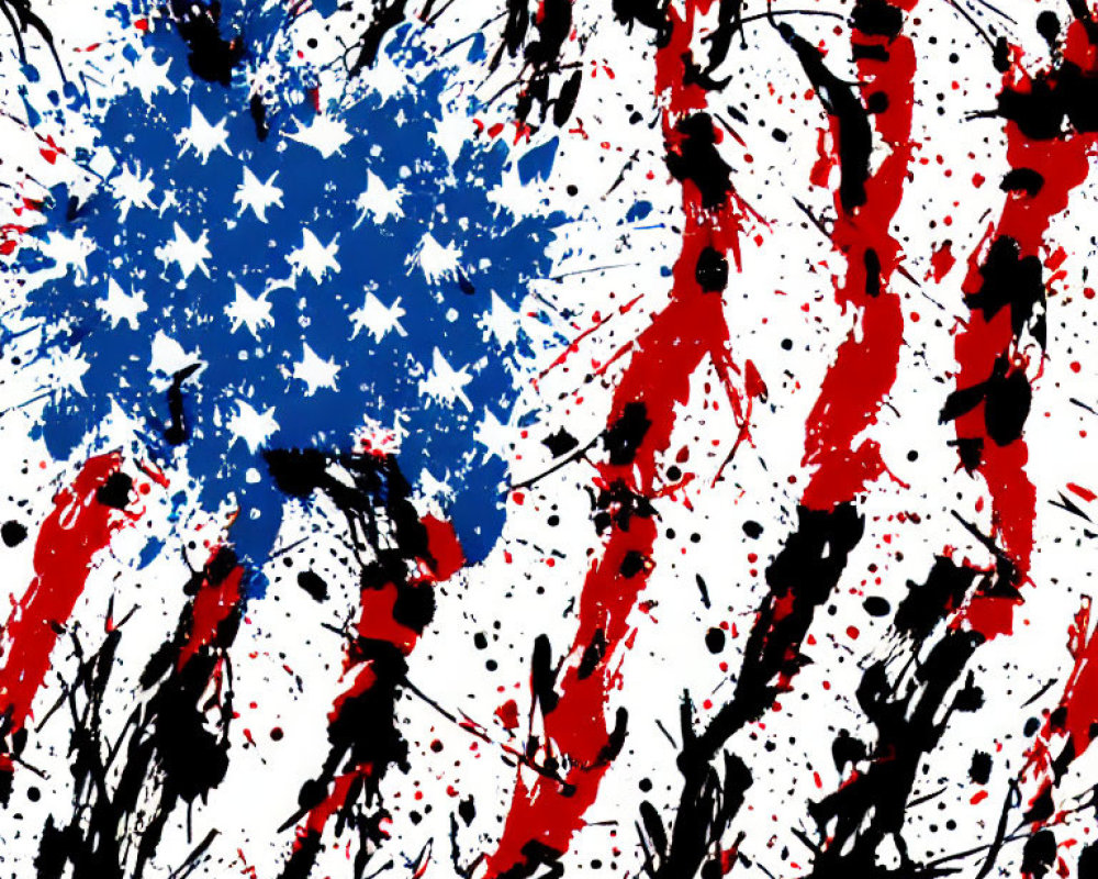 Dynamic Black, Red, and Blue Splatter Art on White Background