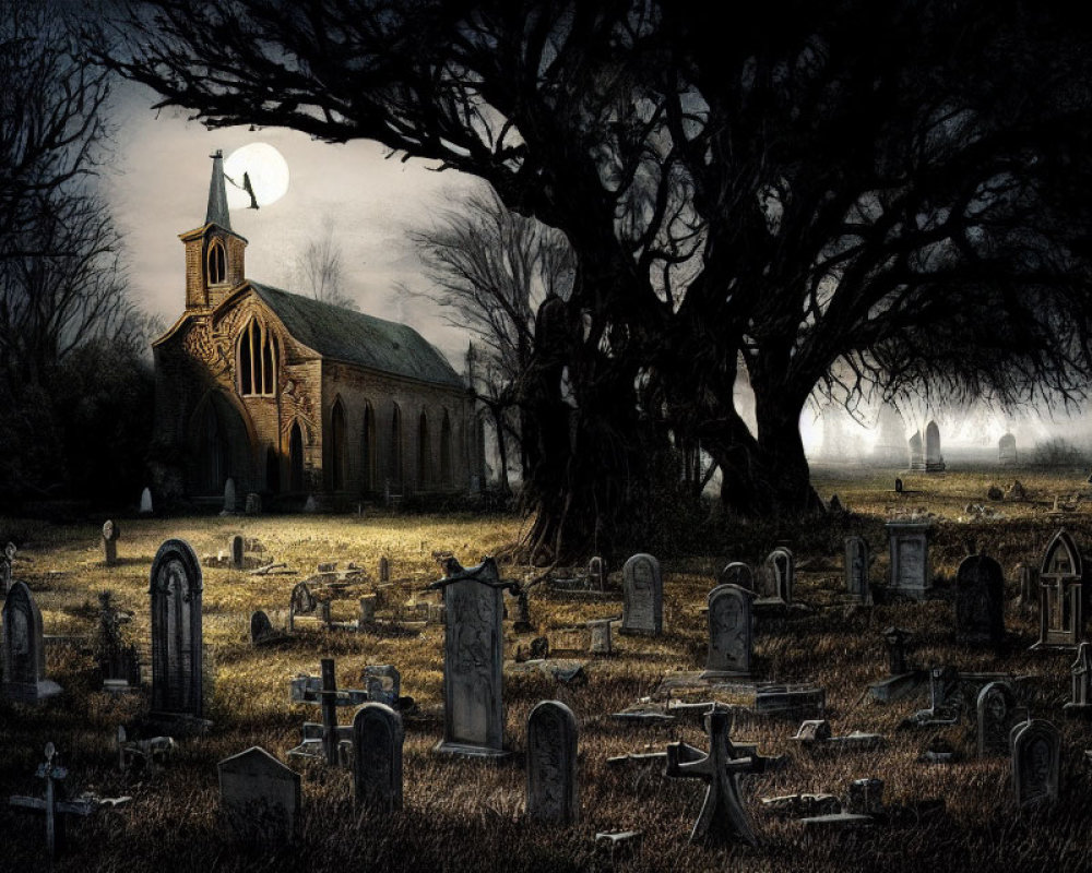 Moonlit graveyard with old tombstones and eerie church under night sky