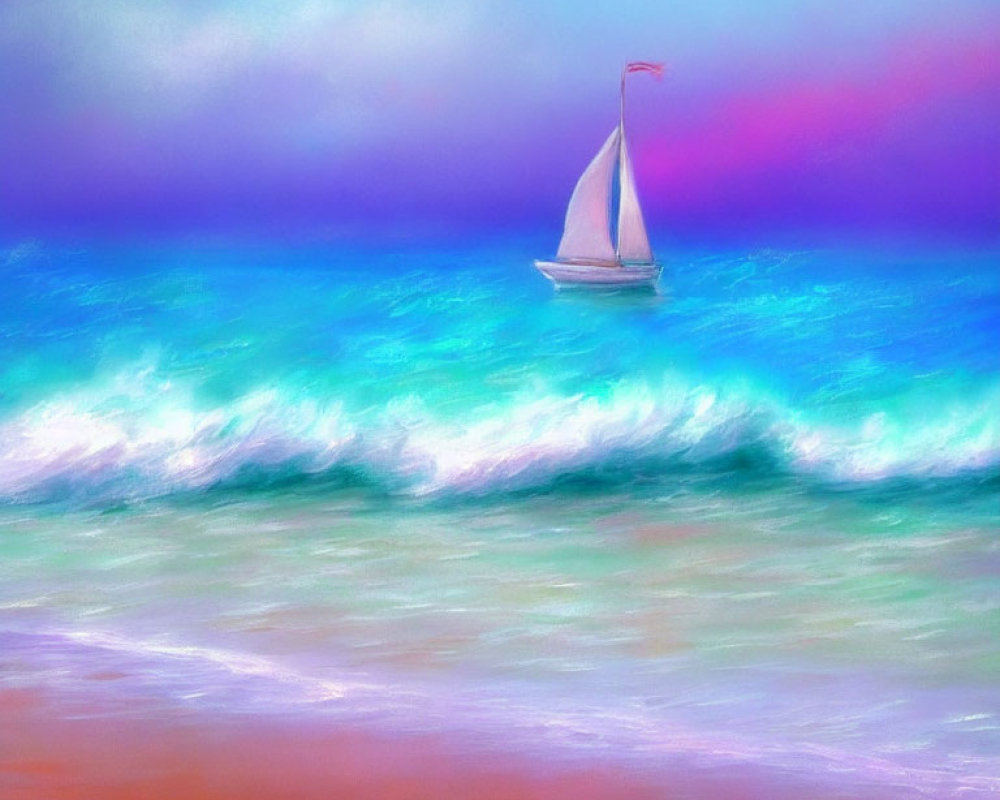 Impressionist-style digital painting of a sailboat on turquoise sea