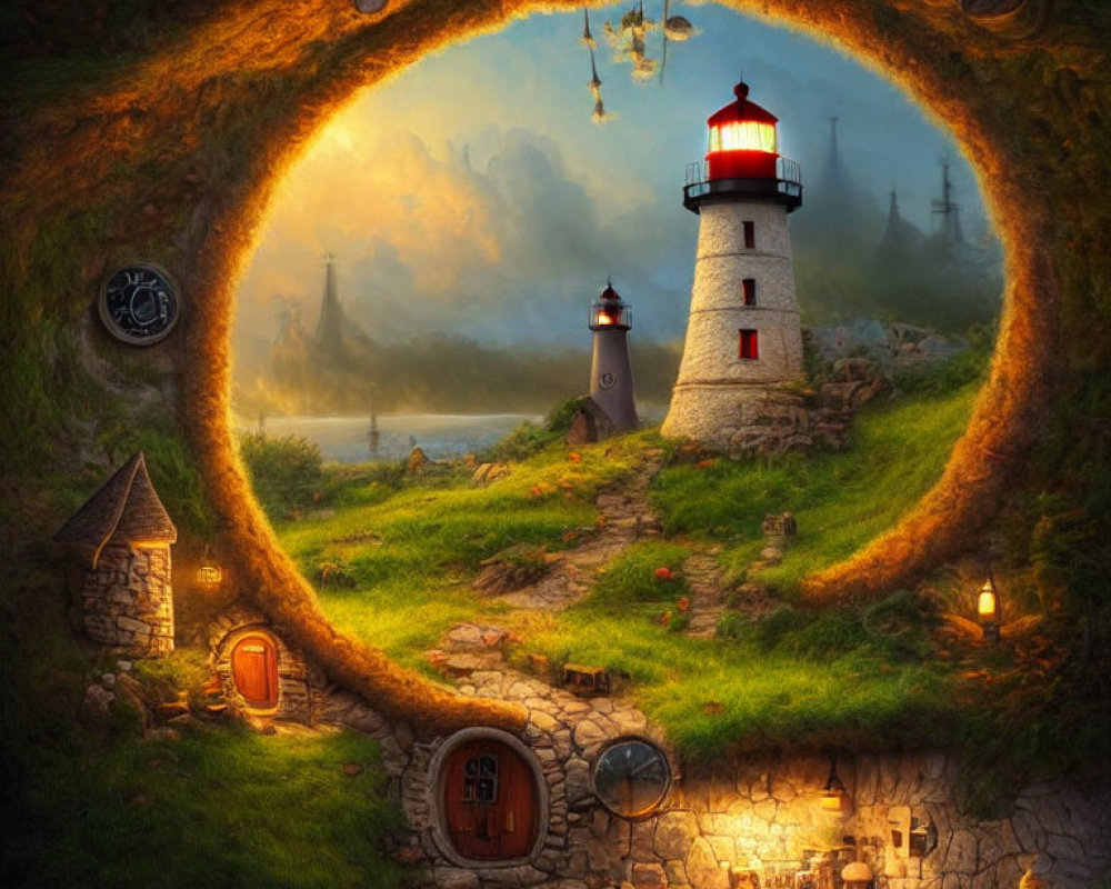 Circular fantasy landscape with lighthouse, stone houses, lanterns, ship, and clocks