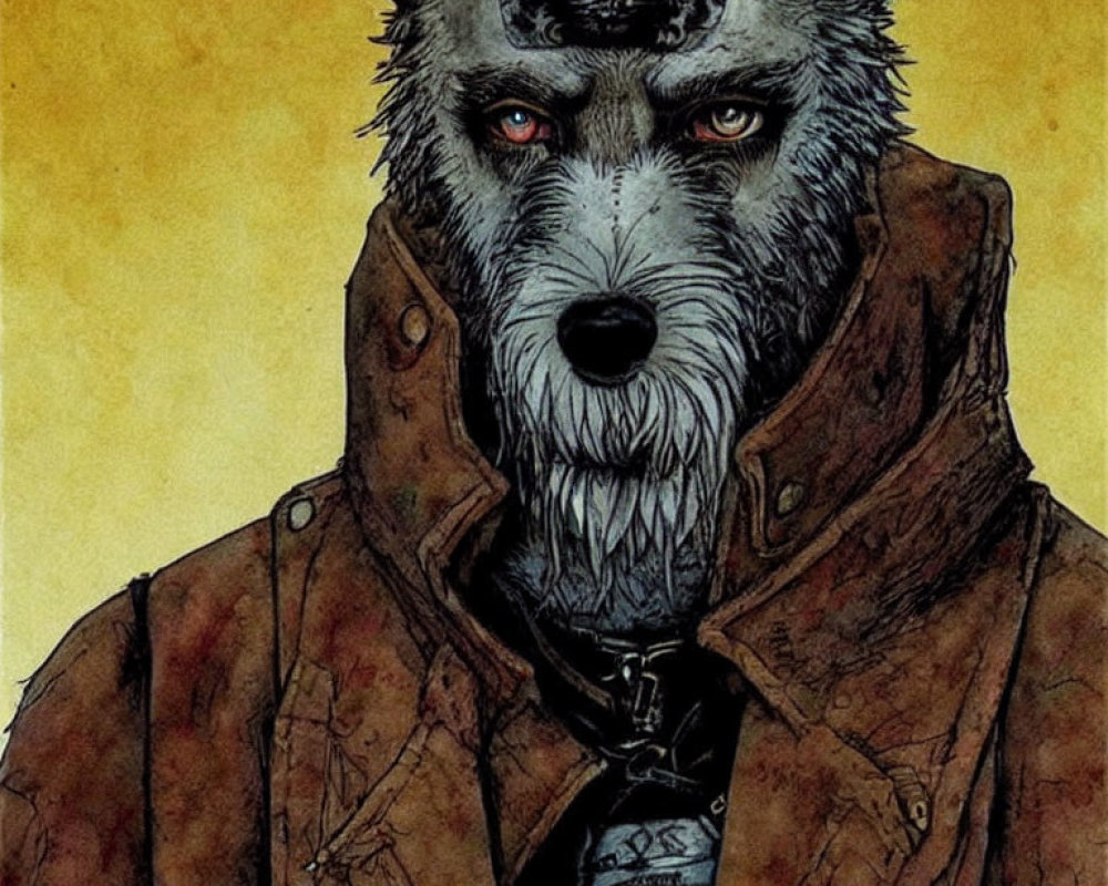Anthropomorphic wolf with red eyes and mystical symbol in a brown jacket