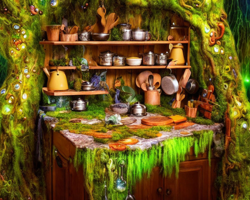 Rustic kitchen with wooden shelves, moss-covered tree roots, and fairy lights