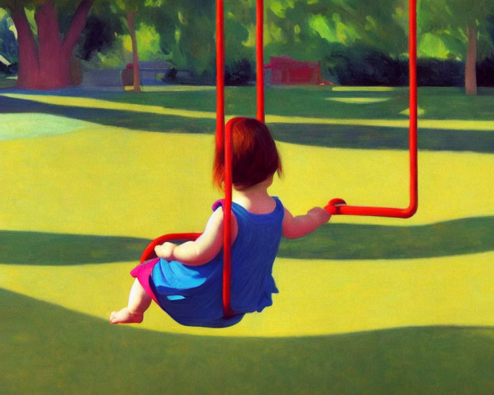 Red-haired child in blue dress on red swing in sunny park