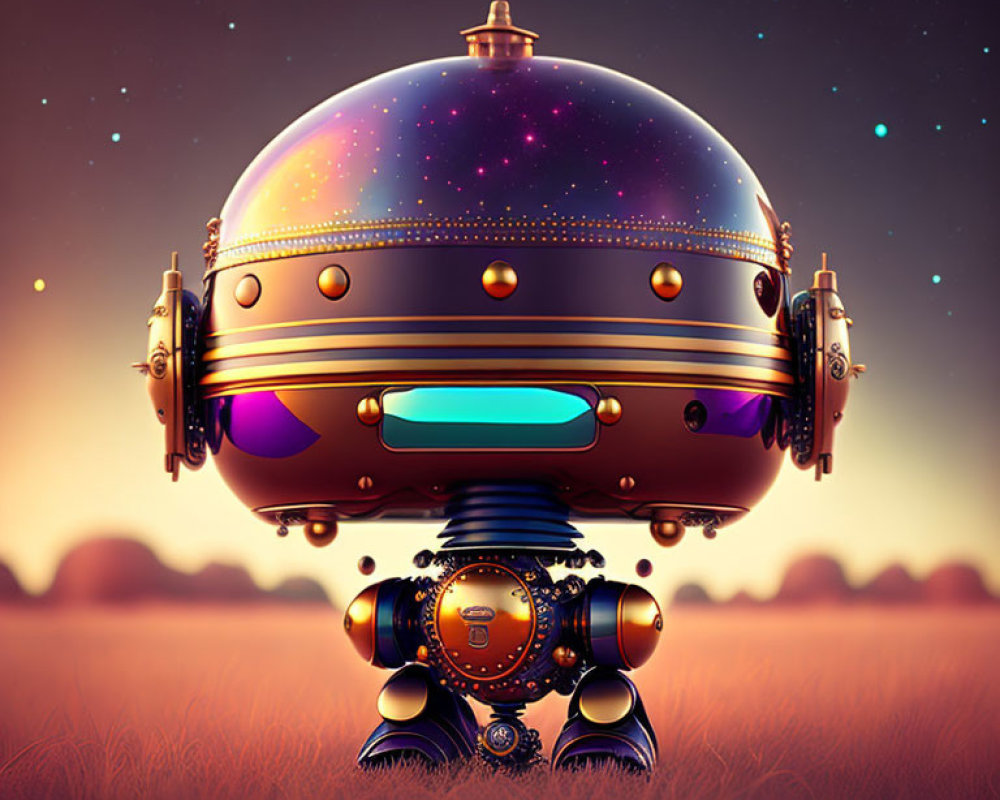 Cosmic-themed spherical robot with vintage brass accents in dusky sky