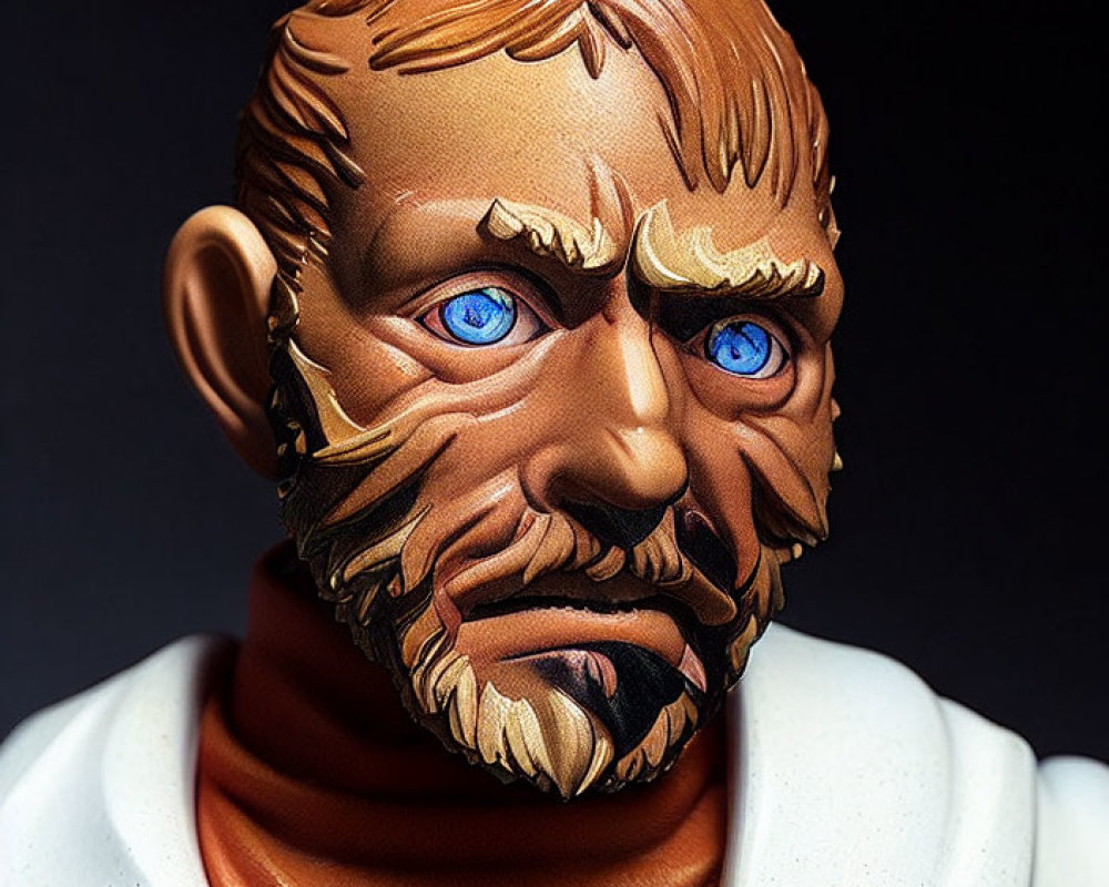 Detailed bust of a bearded figure with blue eyes, ginger hair, and orange turtleneck,