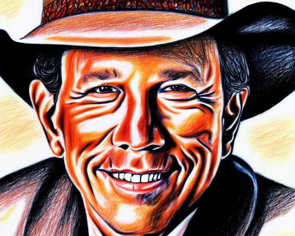 Vibrant drawing of a smiling person with hat, showcasing facial wrinkles.