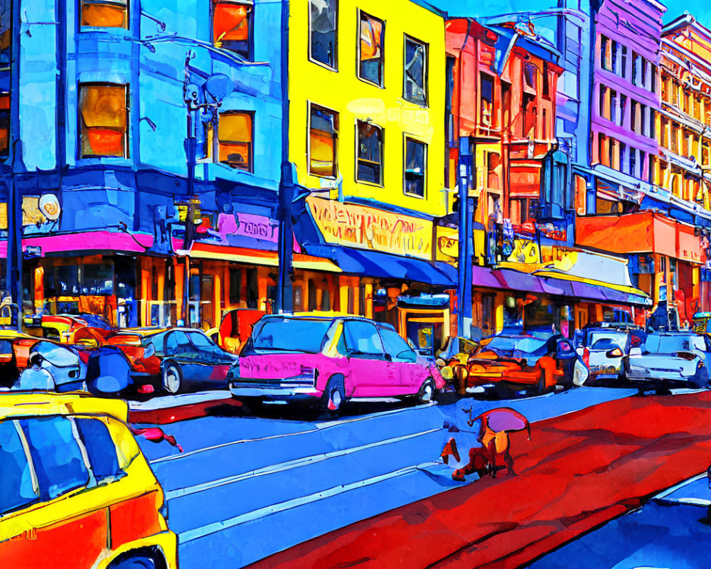 Colorful Street Scene with Cars and Pedestrians