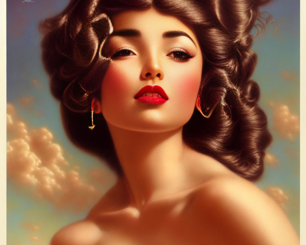 Portrait of Woman with Curly Hair, Red Lips, and Gold Earrings on Cloudy Sky