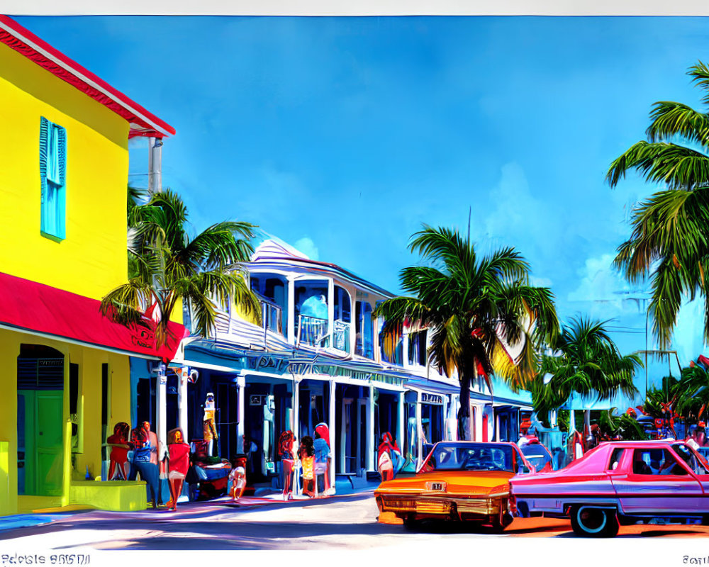 Colorful Buildings, Vintage Cars, and People in Vibrant Street Scene