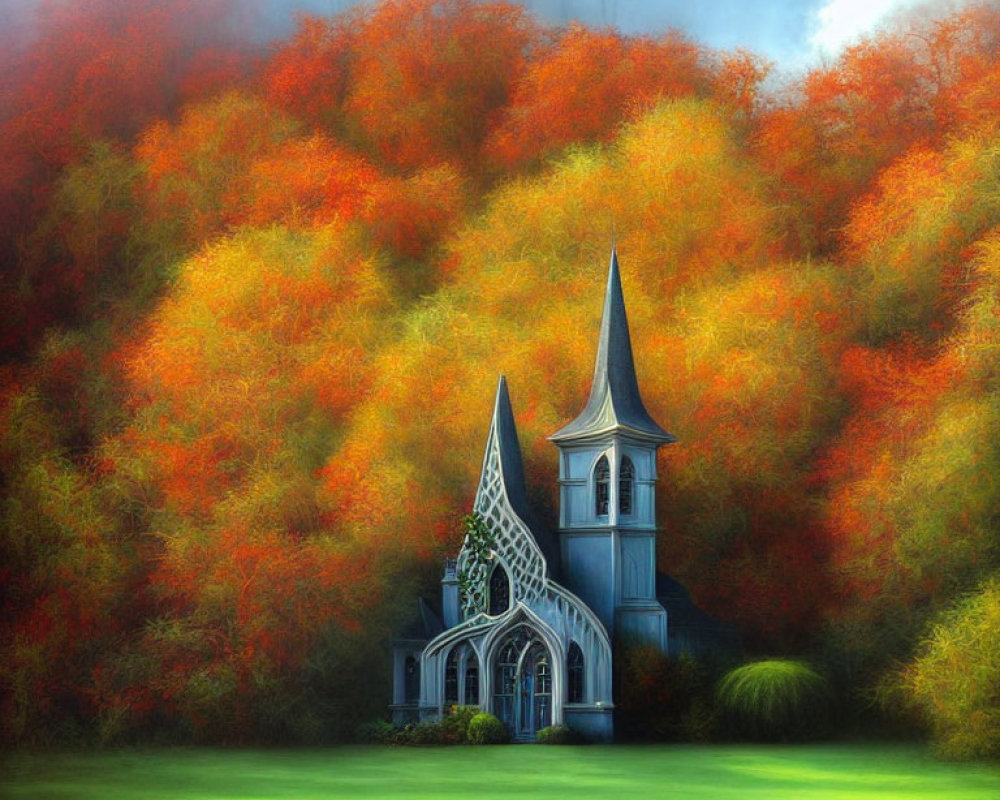Autumnal scene: quaint church with tall spires amid misty, vibrant trees