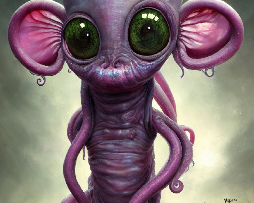 Purple Alien with Large Green Eyes and Oversized Ears Perched on Limb