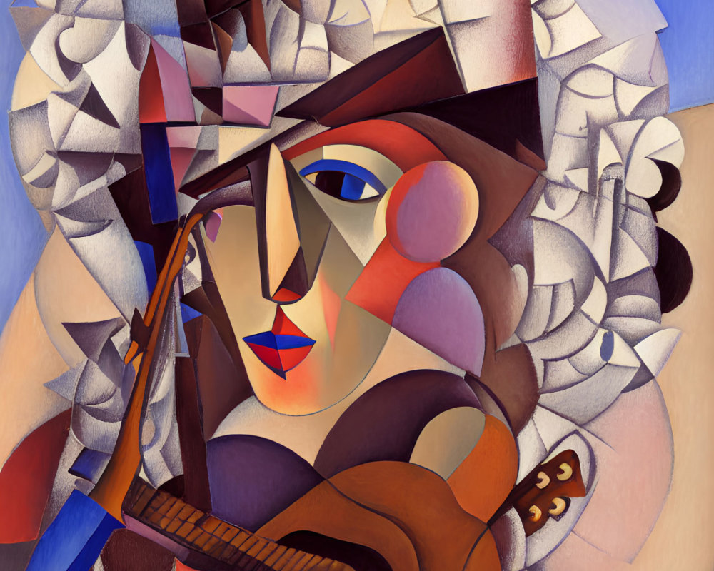 Cubist painting of figure with violin in blue, red, and brown palette