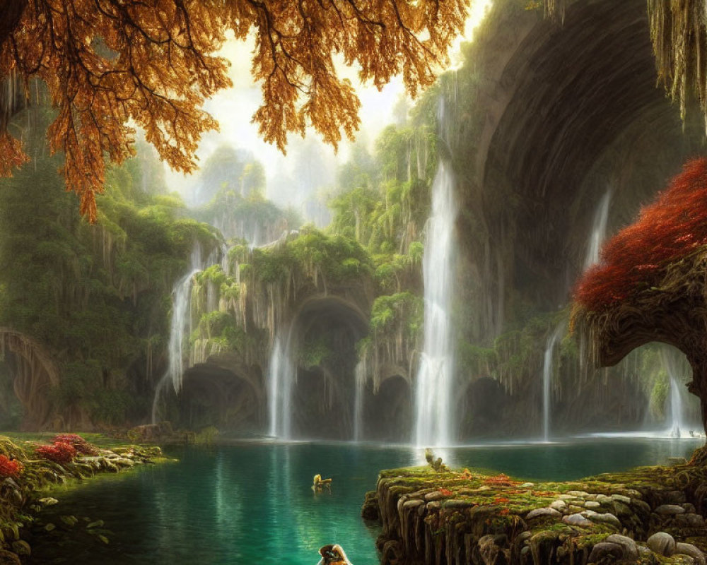 Serene forest landscape with waterfalls, lake, greenery, and cave