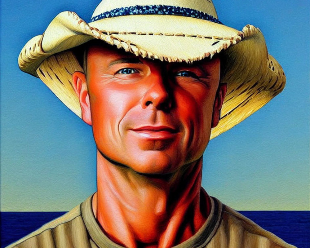 Smiling person in straw hat against blue background