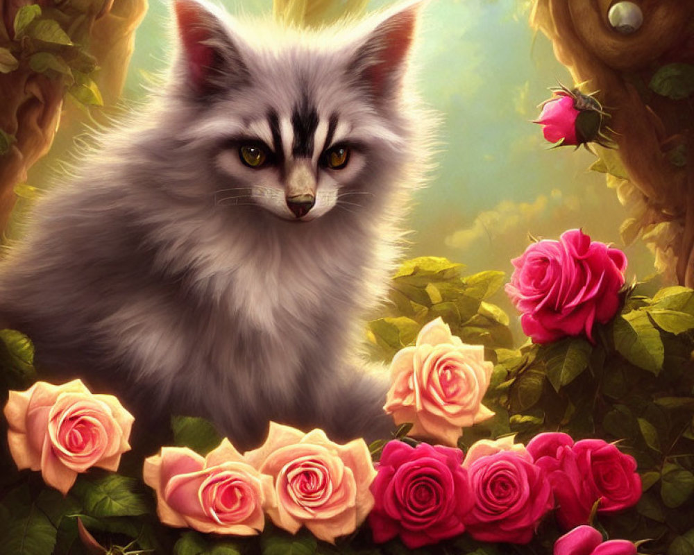 Gray and White Cat with Yellow Eyes Among Pink and Red Roses in Sunlit Forest
