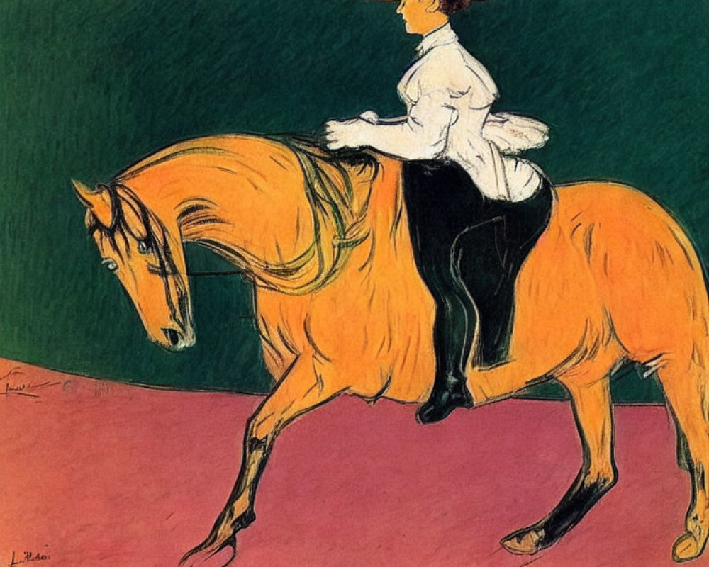 Colorful painting of person on horse in mid-trot with red hat and white top, set against