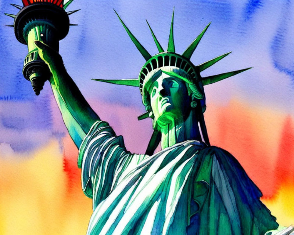 Statue of Liberty Illustration with Dramatic Sunset Sky