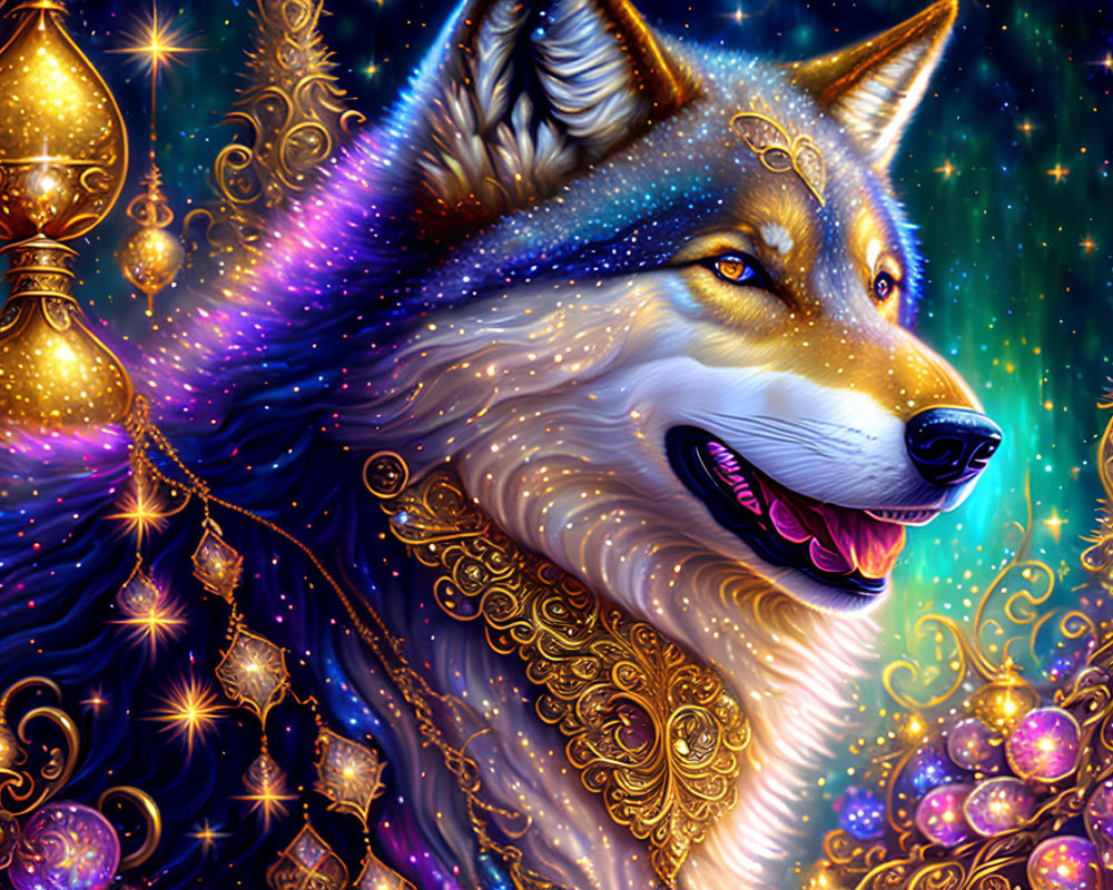 Fantastical wolf with golden embellishments under starry sky