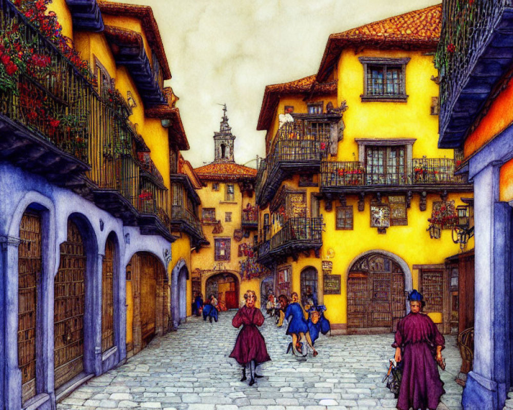 Colorful illustration of bustling European street with period clothing and charming buildings