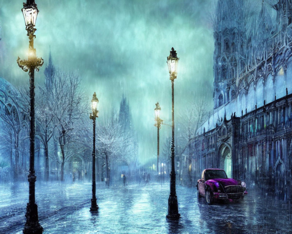 Purple vintage car on wet street with Gothic buildings and snowfall