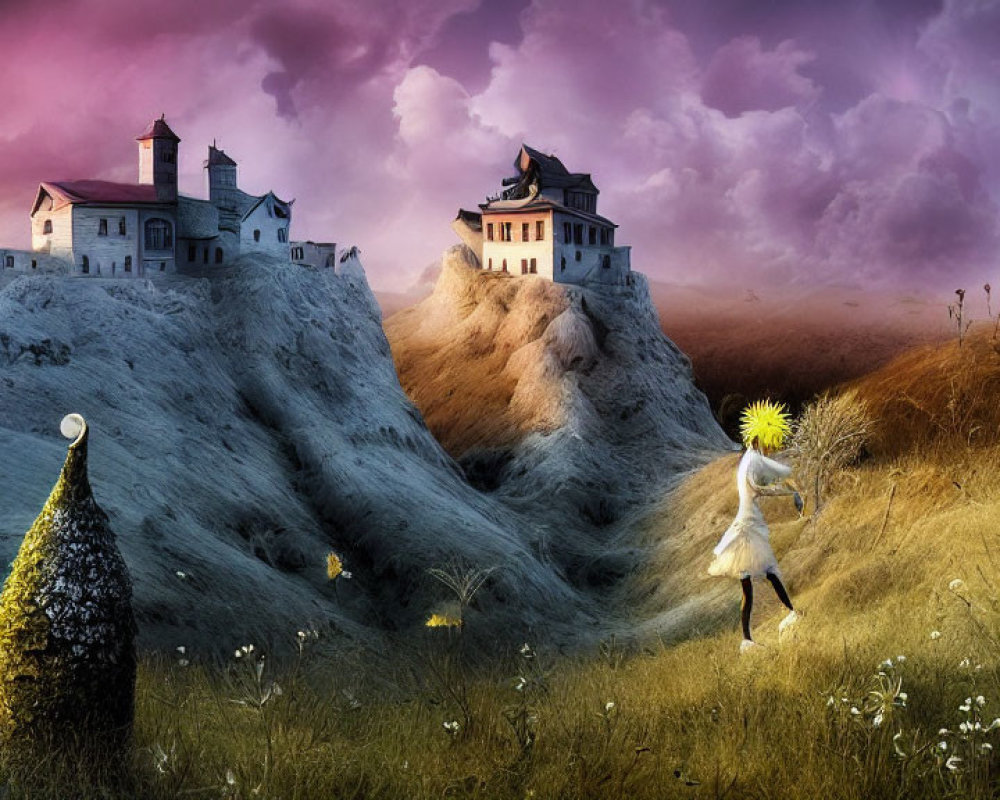 Whimsical landscape with girl, light wand, and whimsical houses