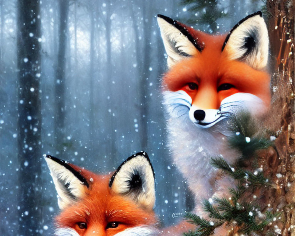Illustrated red foxes in snowy scene with one hiding behind tree