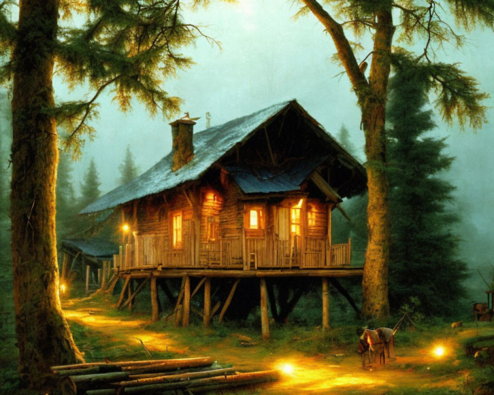 Serene forest cabin on stilts at dusk with soft lights and grazing horse