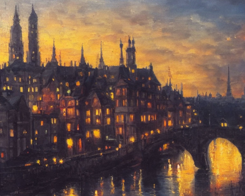 Twilight cityscape painting with illuminated buildings and river bridge