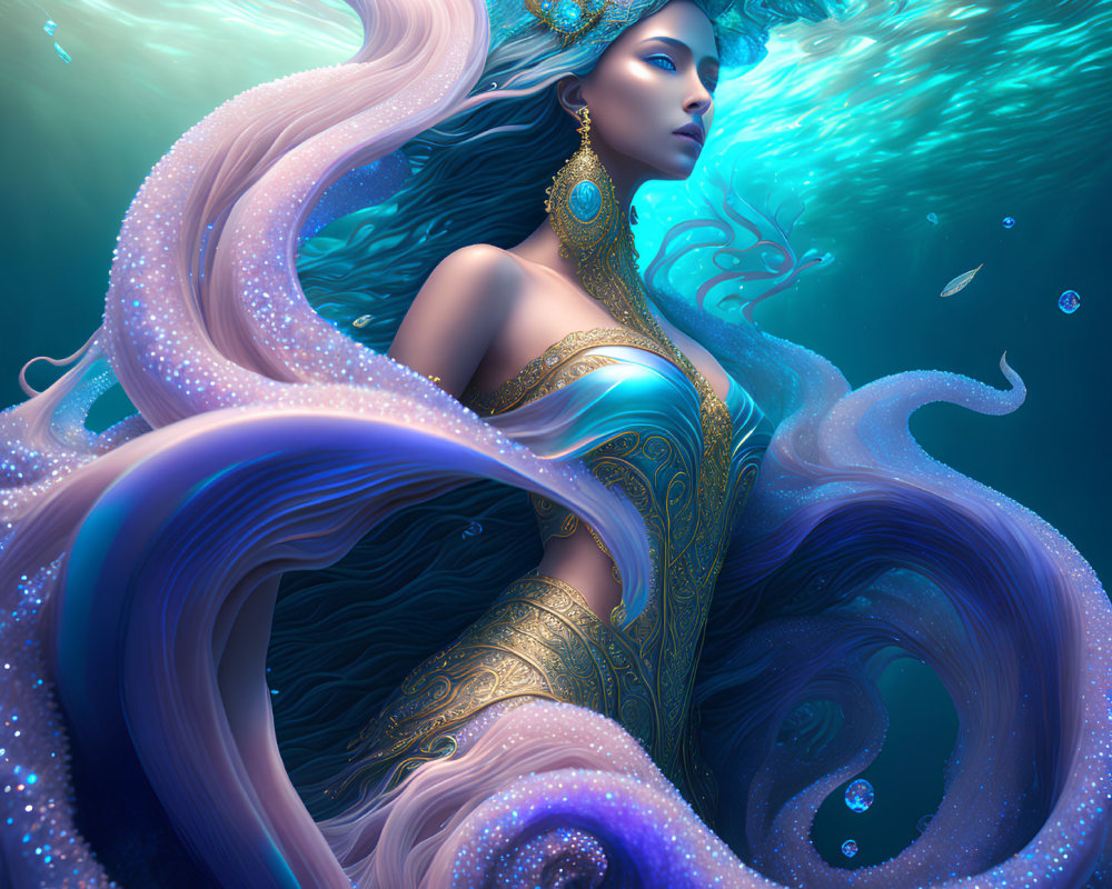 Majestic mermaid with flowing hair and tail in dreamy underwater scene