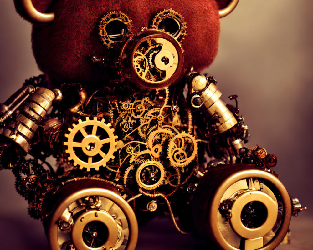 Steampunk-style Teddy Bear with Mechanical Gears on Warm Background