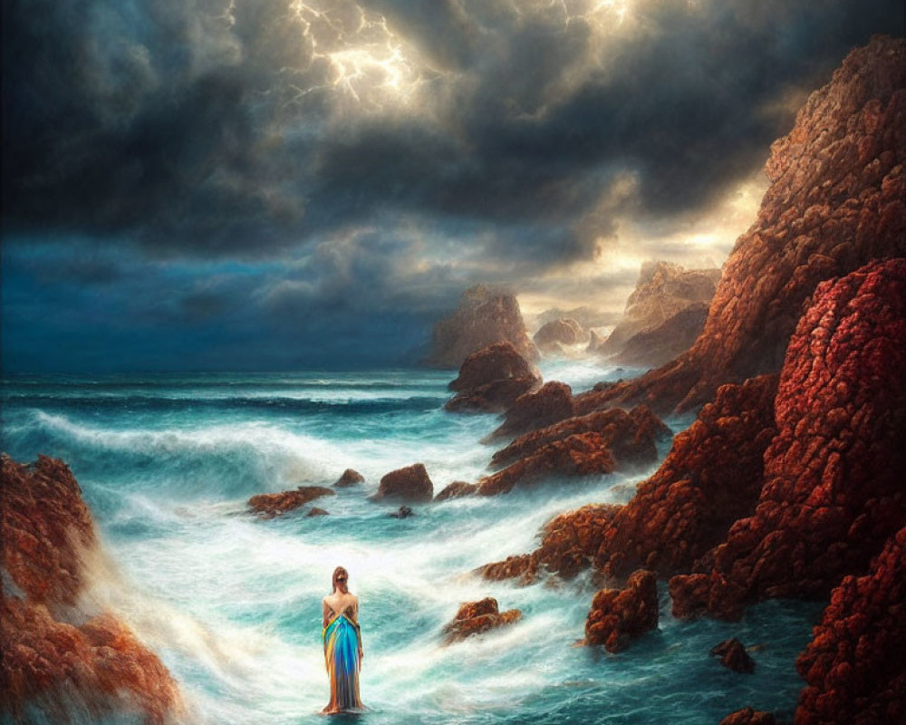 Person standing in turbulent sea waters under stormy sky with lightning.