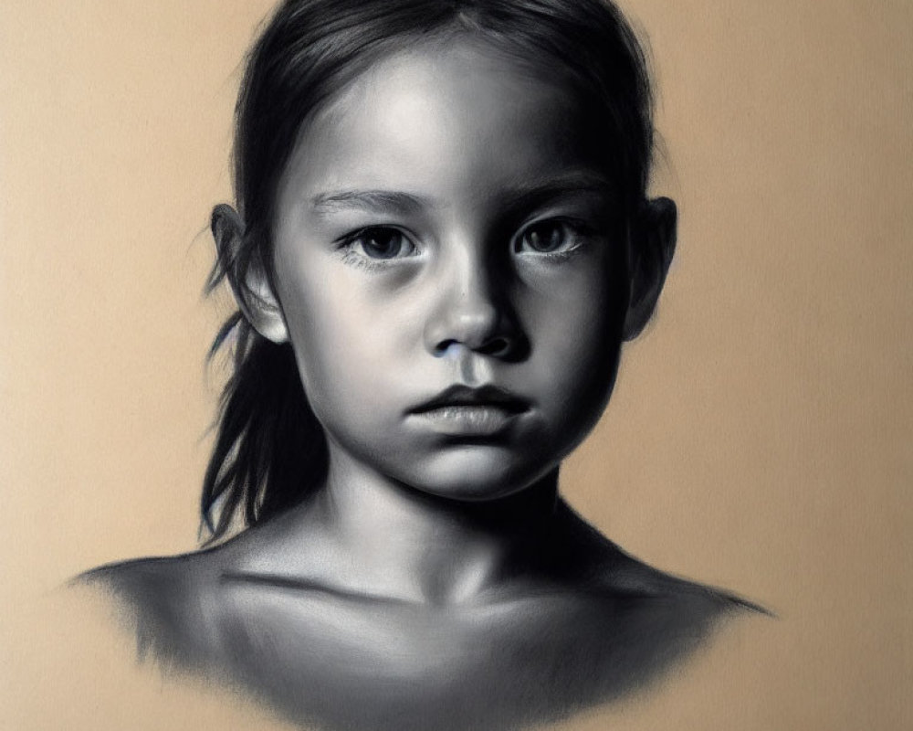 Monochrome charcoal sketch of a young girl on tan background