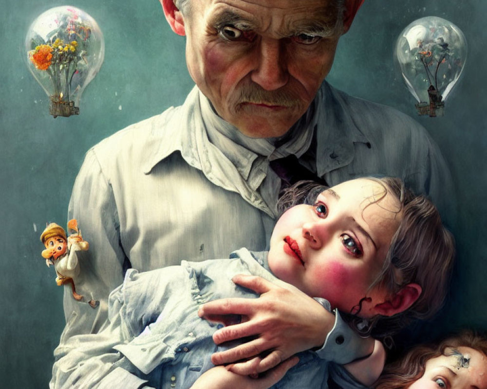 Elderly man holding young girl among floating light bulbs and tiny character