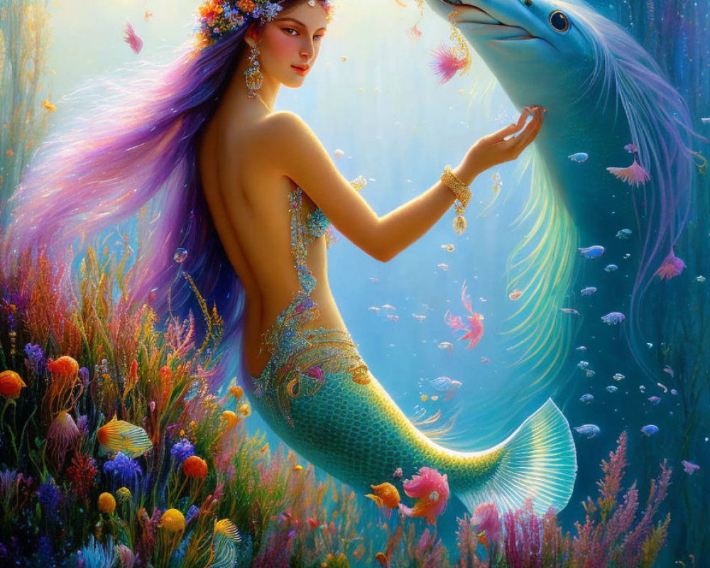 Purple-haired mermaid with sparkling tail and friendly fish in vibrant underwater floral scene