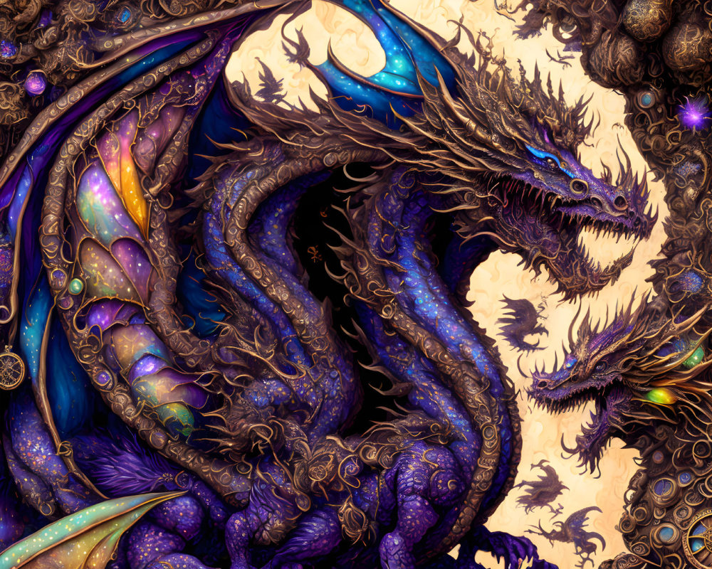 Colorful Multi-Headed Dragon Artwork with Purple Scales & Celestial Motifs