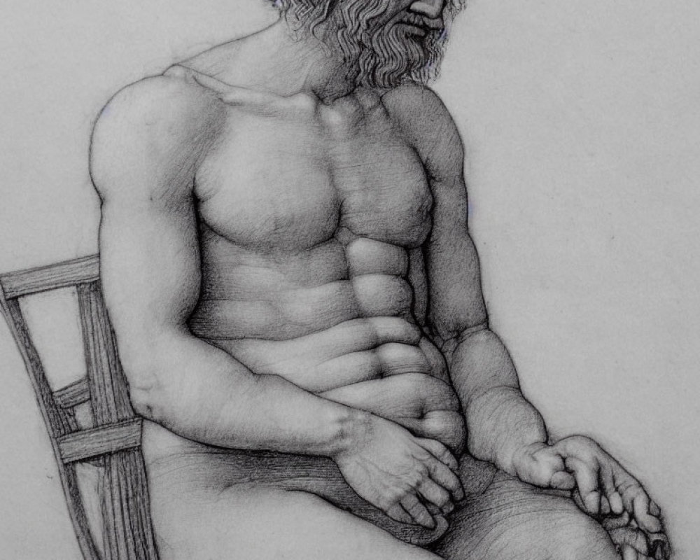 Realistic pencil drawing of seated, aged, bearded man with contemplative expression.