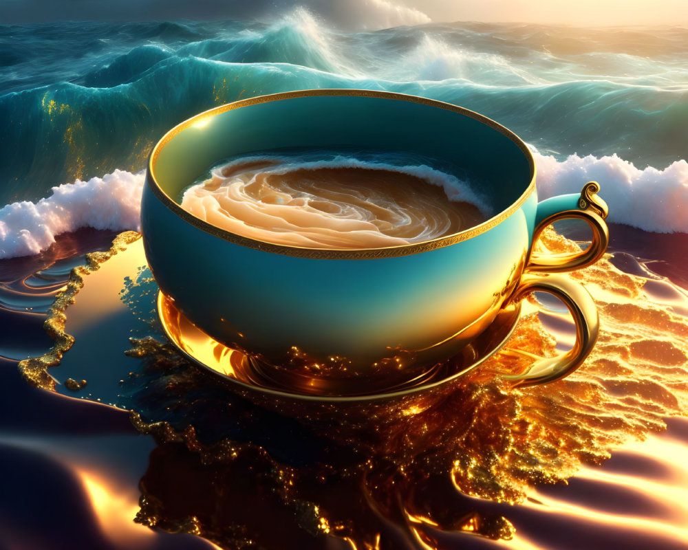 Surreal image of giant coffee cup on sea with waves turning into golden liquid