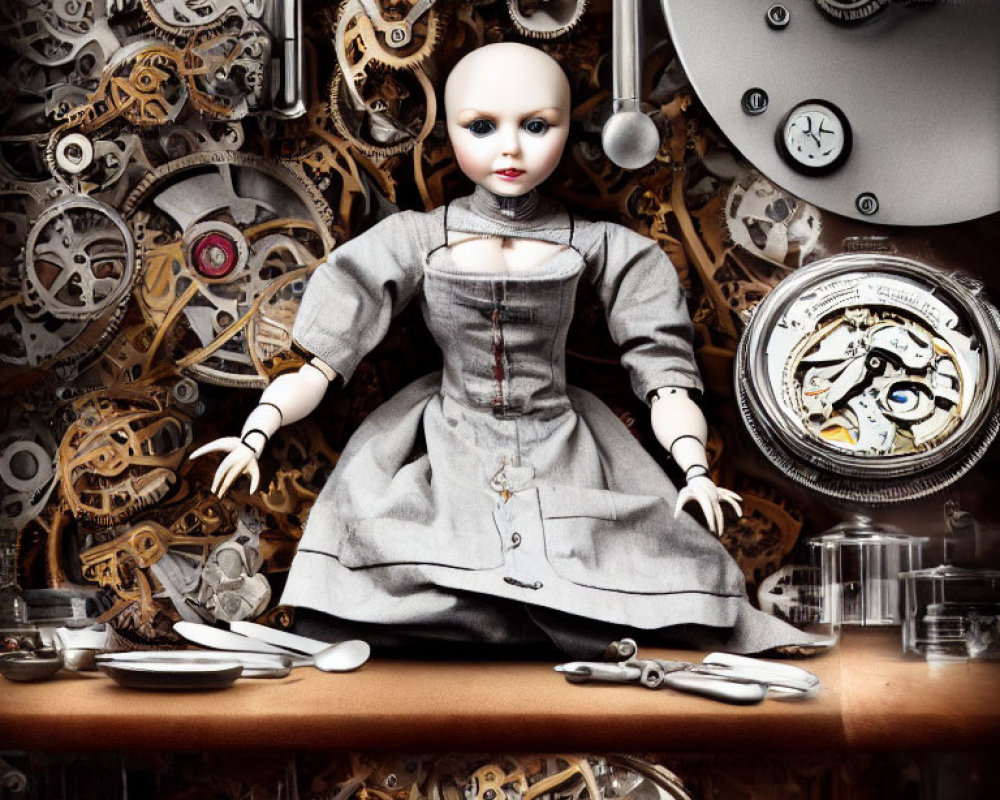Porcelain doll in grey dress surrounded by scattered watch gears