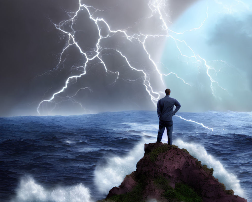 Person on craggy outcrop gazes at turbulent sea and lightning-filled sky