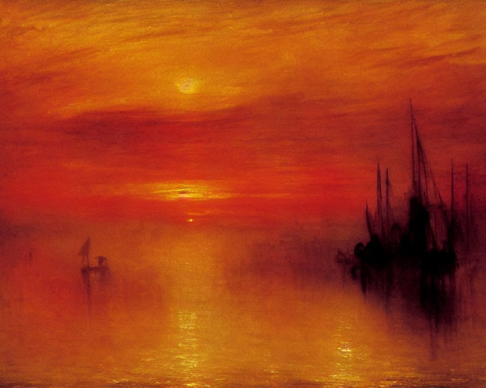 Vivid sunset painting with sailboats silhouetted against orange and red sky