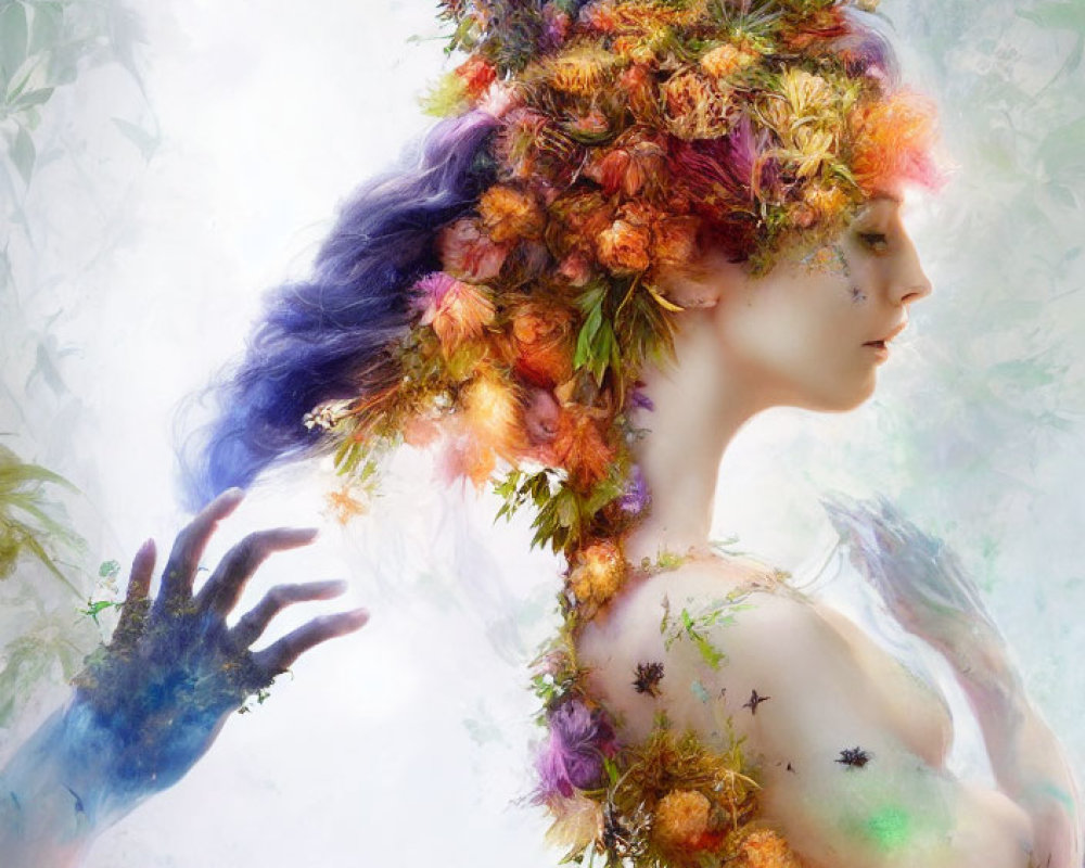 Woman with Floral Headpiece and Colorful Paint in Ethereal Nature Setting