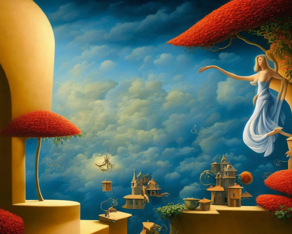 Surrealist painting of woman in blue dress reaching towards floating islands
