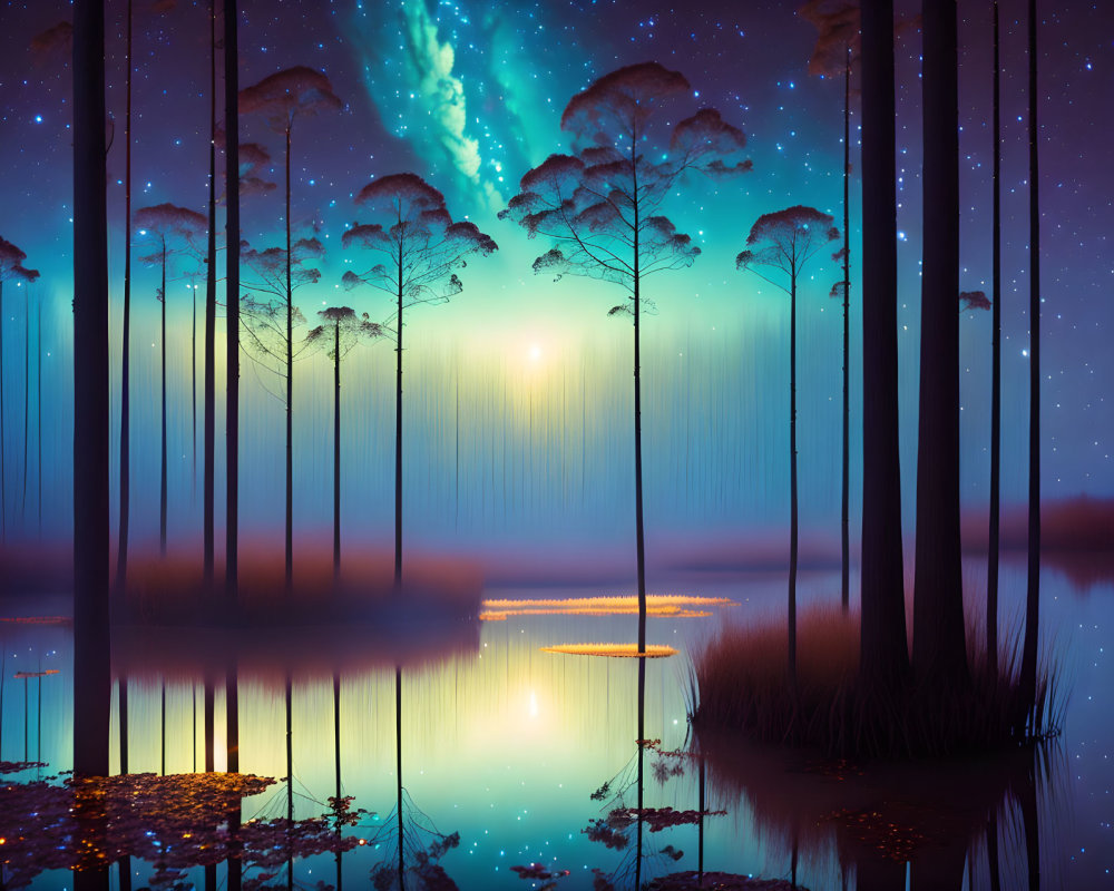 Tranquil Night Landscape with Trees, Water, Stars, Aurora Borealis, and Rain